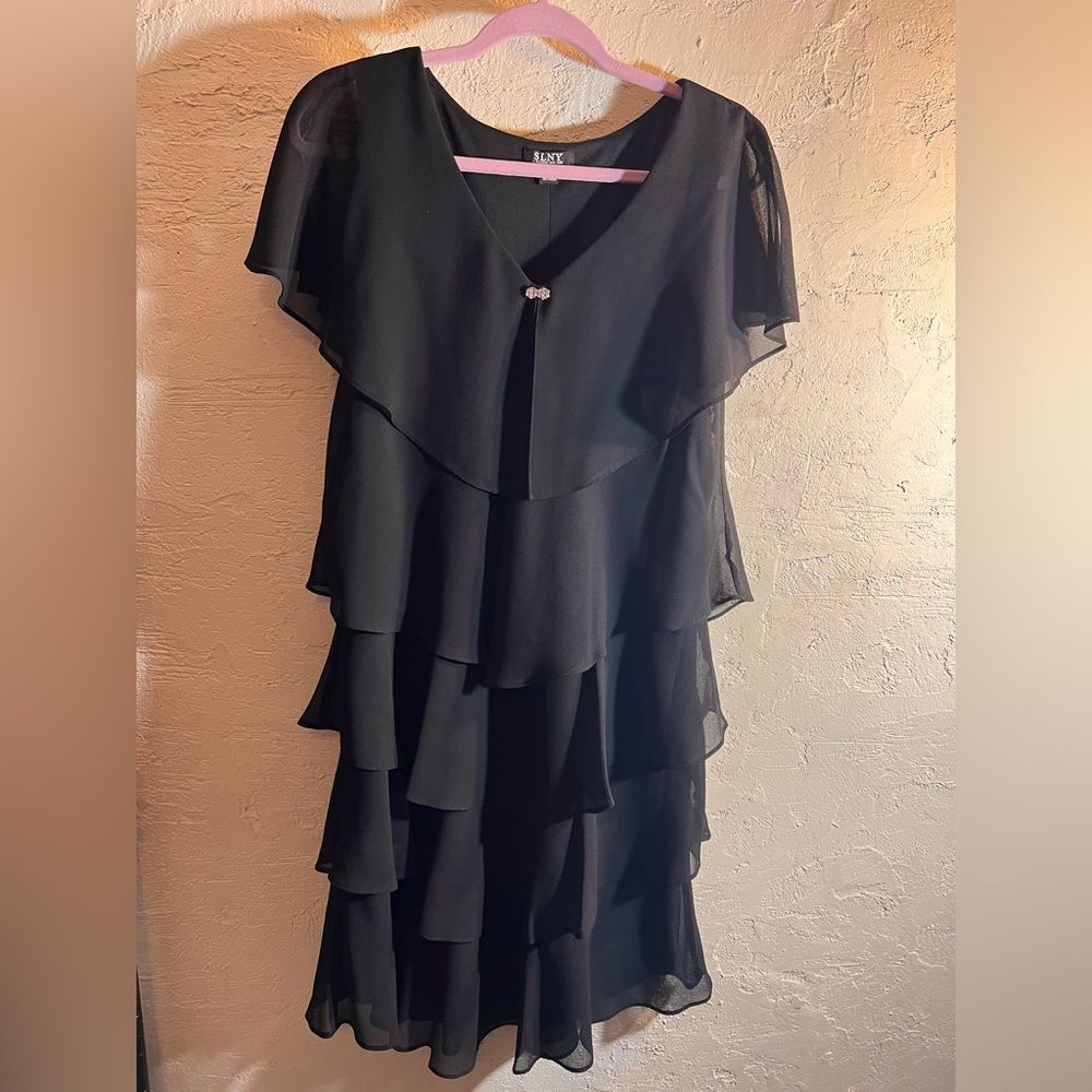 SLNY Black Asymmetrical Ruffled Midi Dress